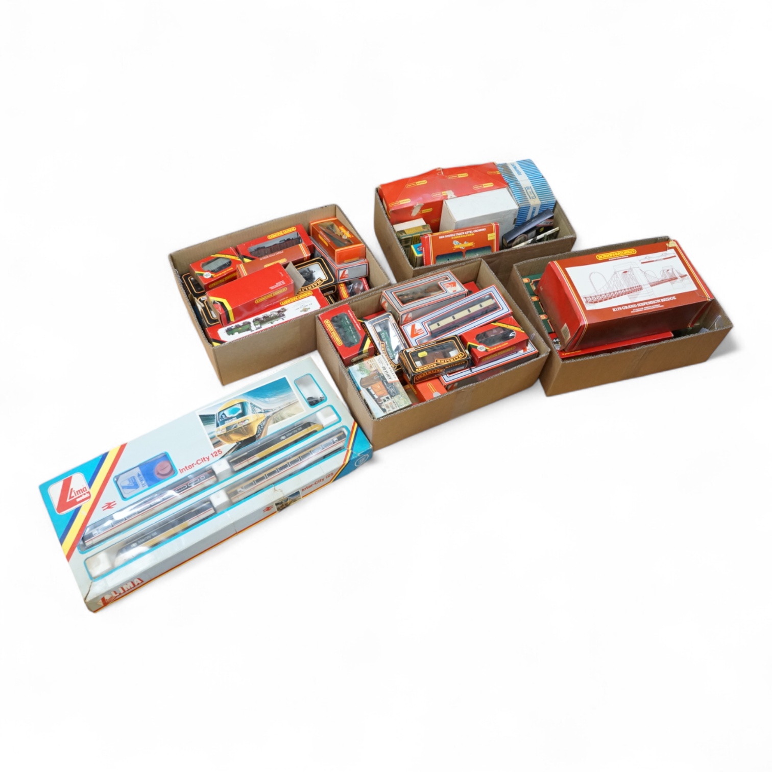 A quantity of 00 gauge model railway by Hornby Railways, Lima, Mainline, etc. including a boxed Inter-City 125 train set, plus four boxed locomotives; a Class 5F, a Class 2, a rebuilt Royal Scott and a Class 3F Jinty, to